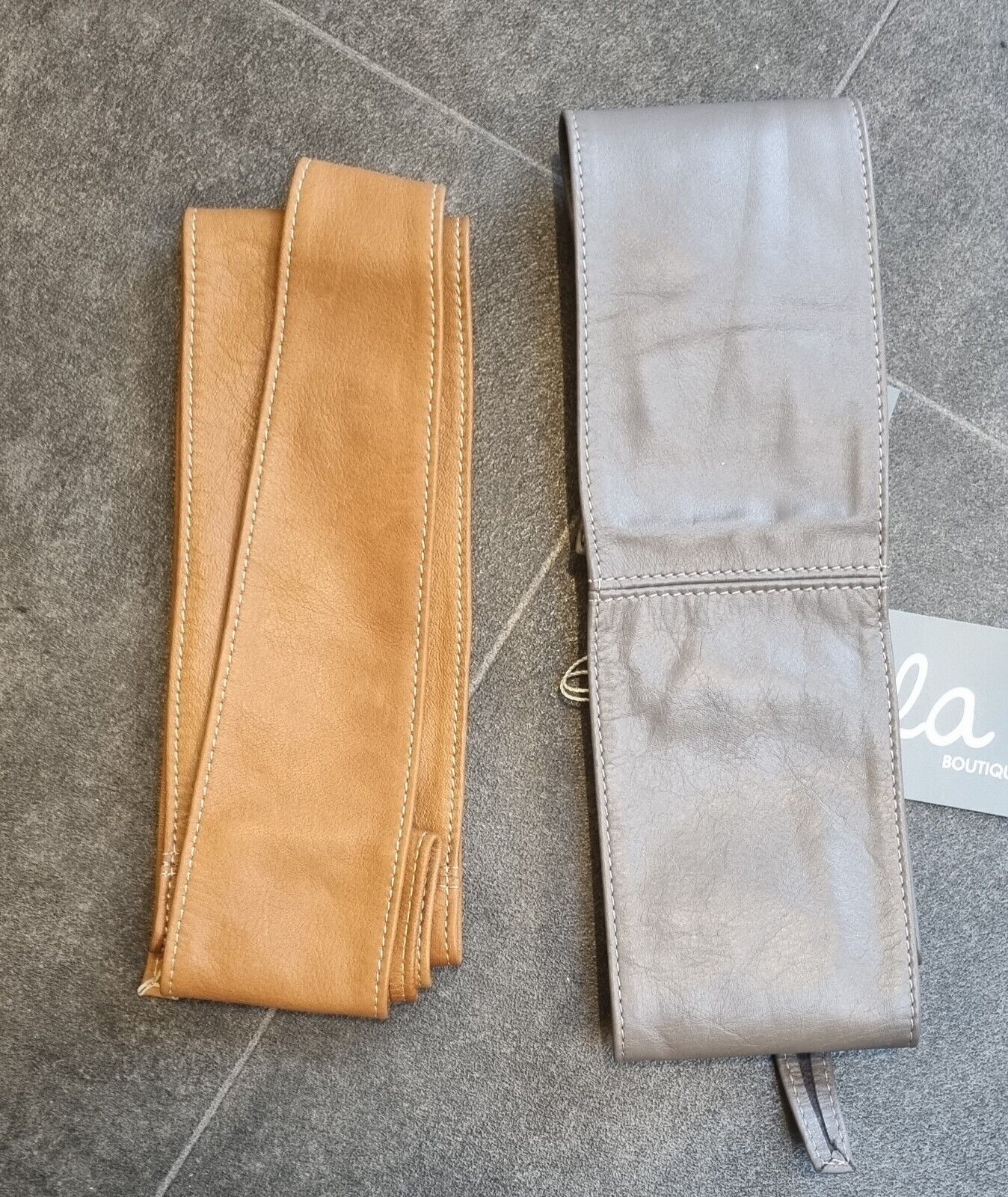 Ella Bundle Of Two Leather Belts, Grey And Brown. One With Tags One Without