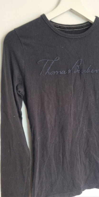 Thomas Burberry Women's Black Long Sleeved Top With Stiched Logo Size XS