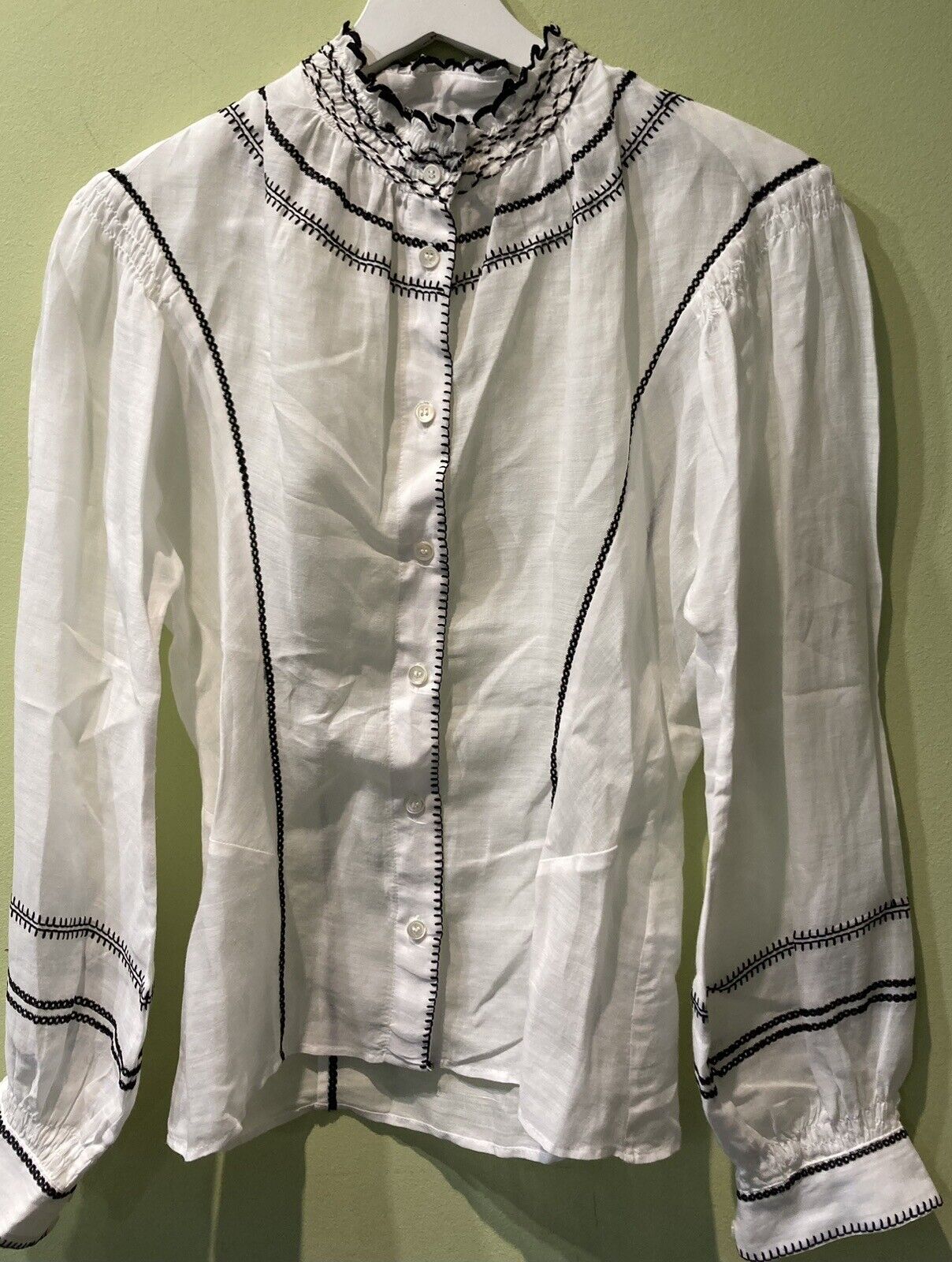 Frame Women's Long Sleeved White Blouse With Black Details Size 2XS
