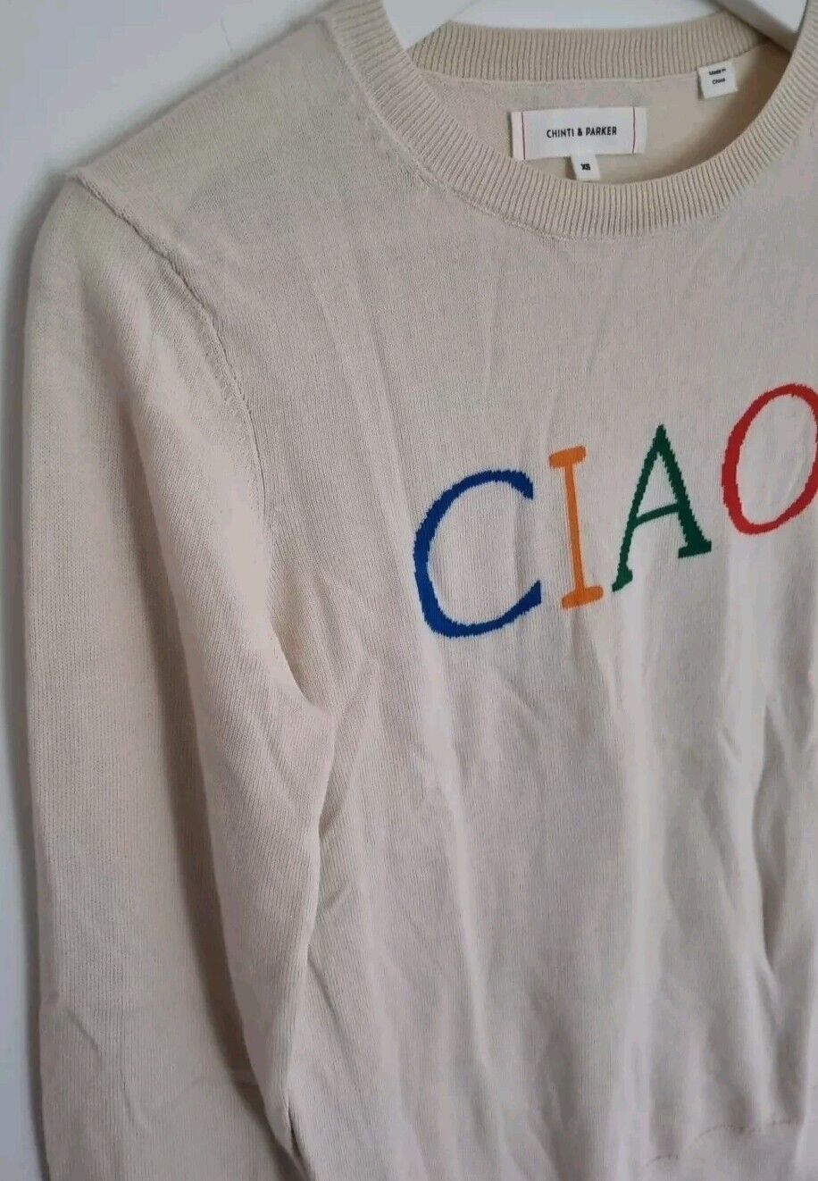 Chinti And Parker  Women's"Ciao" Slogan Sweater 100% Cream Cotton Size XS