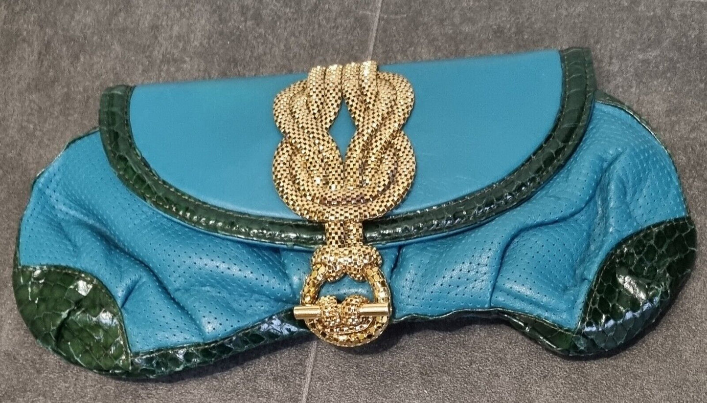 Lara Bohinc Designer Blue Leather And Gold Clutch Bag With Logo Dust Bag