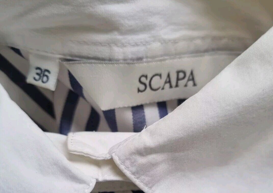Scapa Women's Blue And White Striped Collared Blouse, Shirt, 100% Cotton Size 36