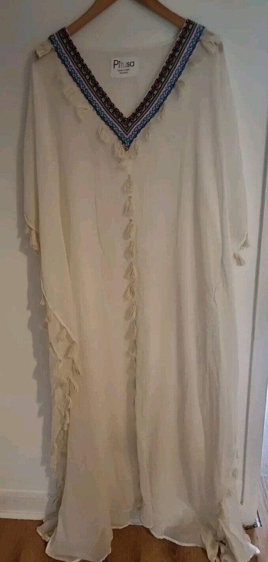 Pitusa Women's White Beach Cover Up Kaftan 100% Cotton Embroidered One Size