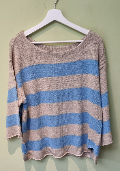 Malene Birger Women's Linen Mix Stripy Blue Jumper Size  XL