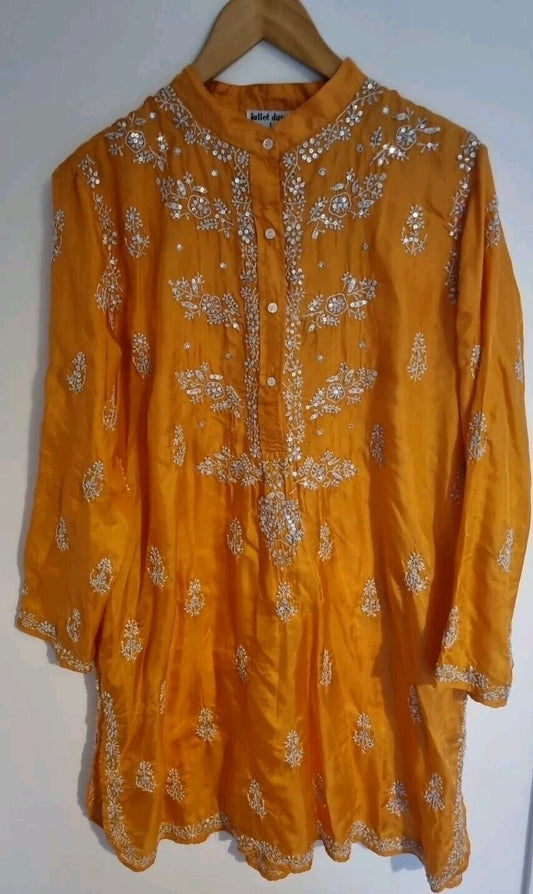 Juliette Dunn Women's Orange Sequinned Embroidered 100% Silk Kaftan Size 3
