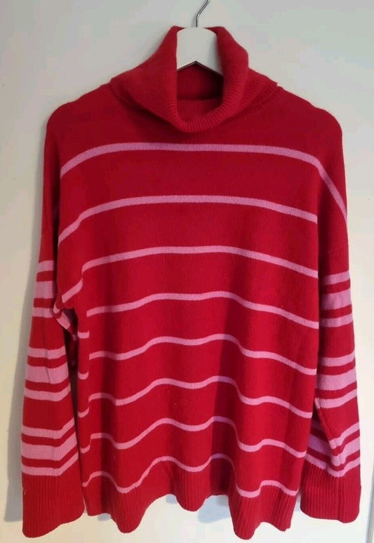 Rae Feather Women's Red And Pink Striped Roll Neck Jumper Pullover Size Large