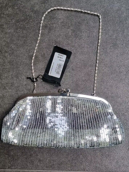 Shoe Studio BNWT Silver Sequinned Clutch Bag With silver Chain