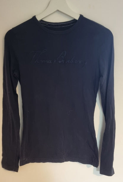 Thomas Burberry Women's Black Long Sleeved Top With Stiched Logo Size XS