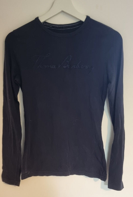 Thomas Burberry Women's Black Long Sleeved Top With Stiched Logo Size XS