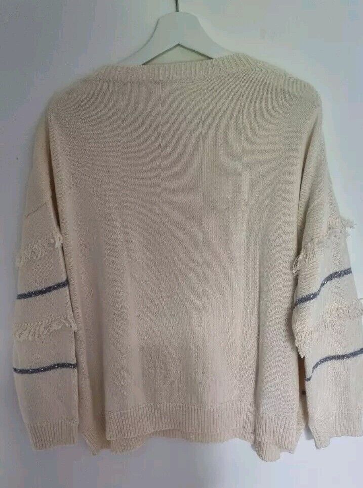 MaxMara Weekend Women's Ivory Pullover Jumper Tassled & Silver Beading Large