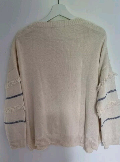 MaxMara Weekend Women's Ivory Pullover Jumper Tassled & Silver Beading Large