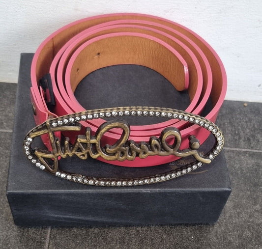 Just Cavalli Women's Pink Leather Patent Logo Buckle Belt, With Box