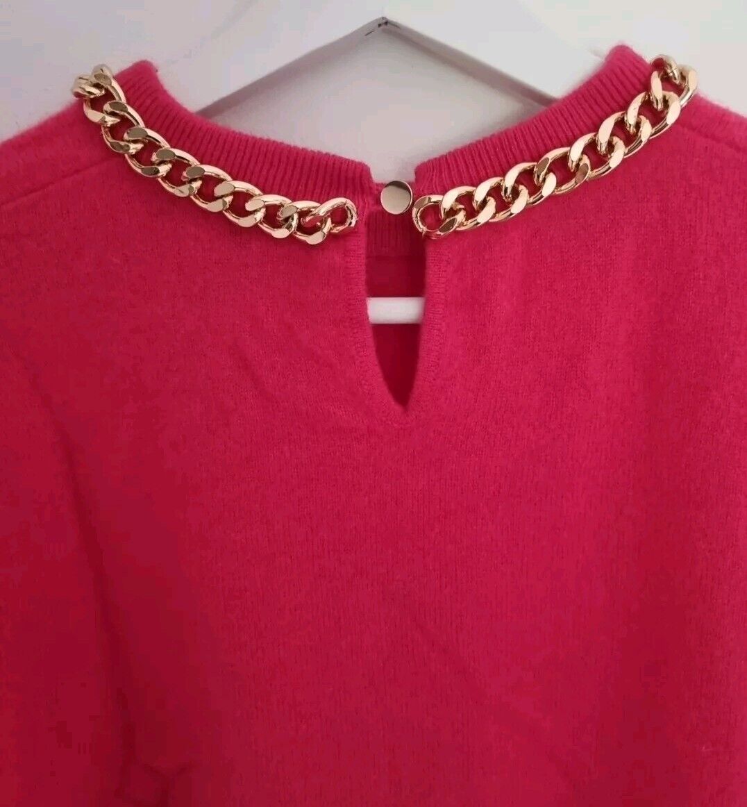 Intermix Women's Pink 100% Cashmere Pullover Jumper With Gold Colour Neck Chain
