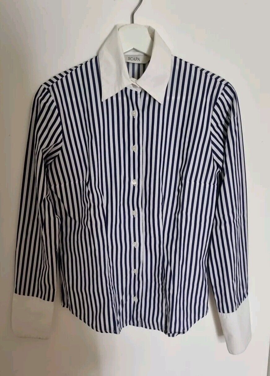 Scapa Women's Blue And White Striped Collared Blouse, Shirt, 100% Cotton Size 36