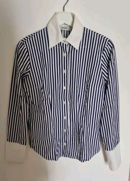 Scapa Women's Blue And White Striped Collared Blouse, Shirt, 100% Cotton Size 36