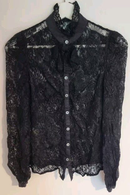 Karen Millen Women's Black Lace Long Sleeved High Neck Blouse Size 6