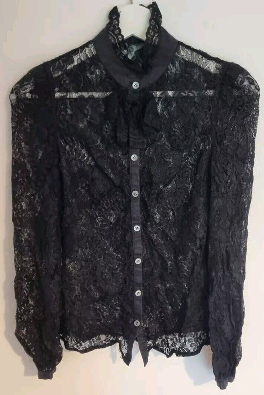Karen Millen Women's Black Lace Long Sleeved High Neck Blouse Size 6