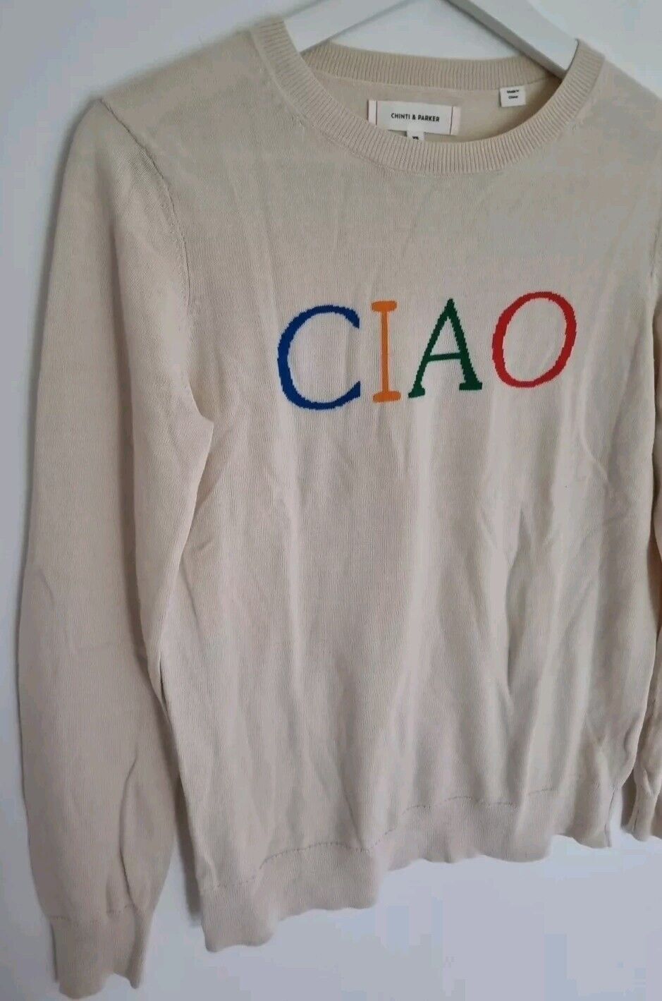 Chinti And Parker  Women's"Ciao" Slogan Sweater 100% Cream Cotton Size XS
