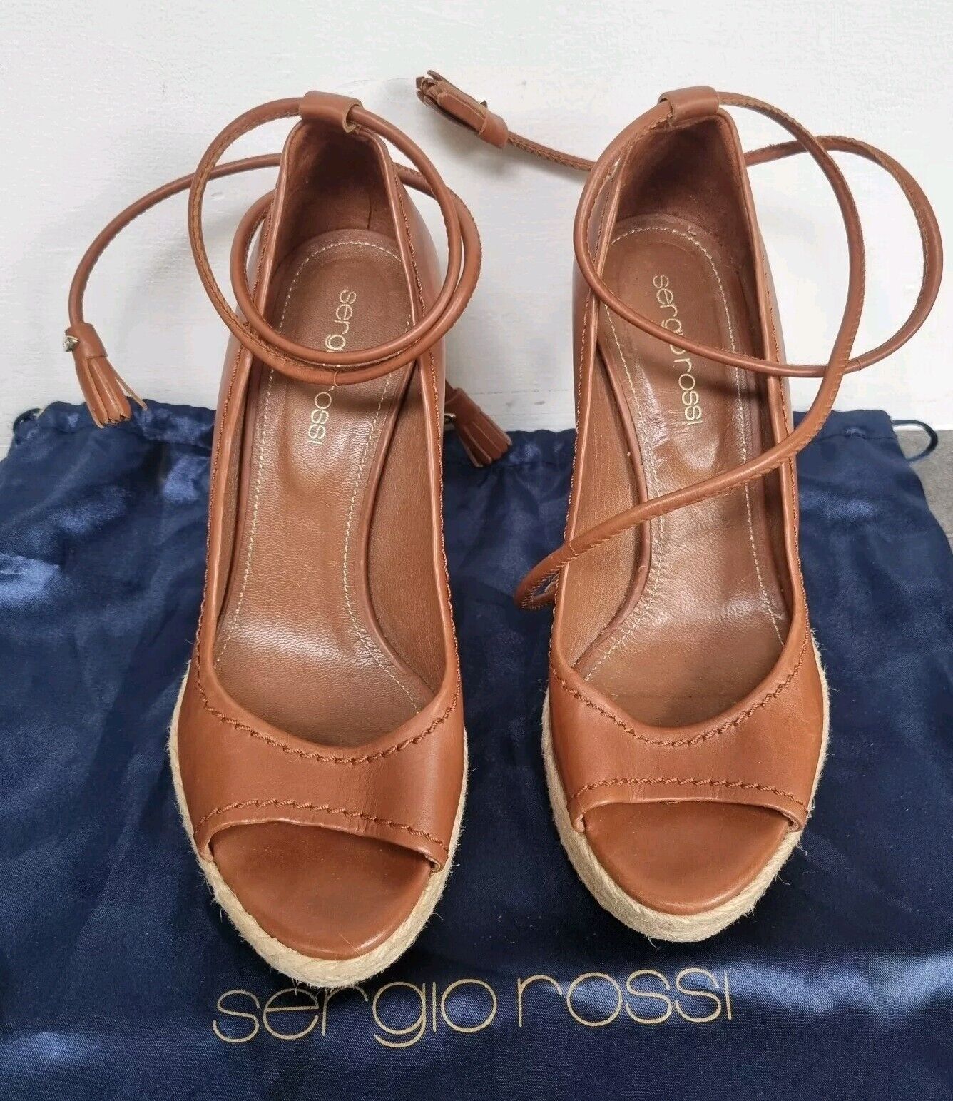 Sergio Rossi Women's Brown Wedge Leather Tie Sandals Size 36