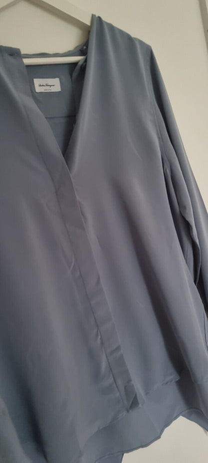 Salvatore Ferragamo Made In Italy Women's Slate Blue 100% Silk Blouse Size 46