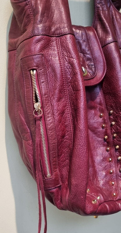 Luba J Women's Red Leather Gold Studded Shoulder Bag