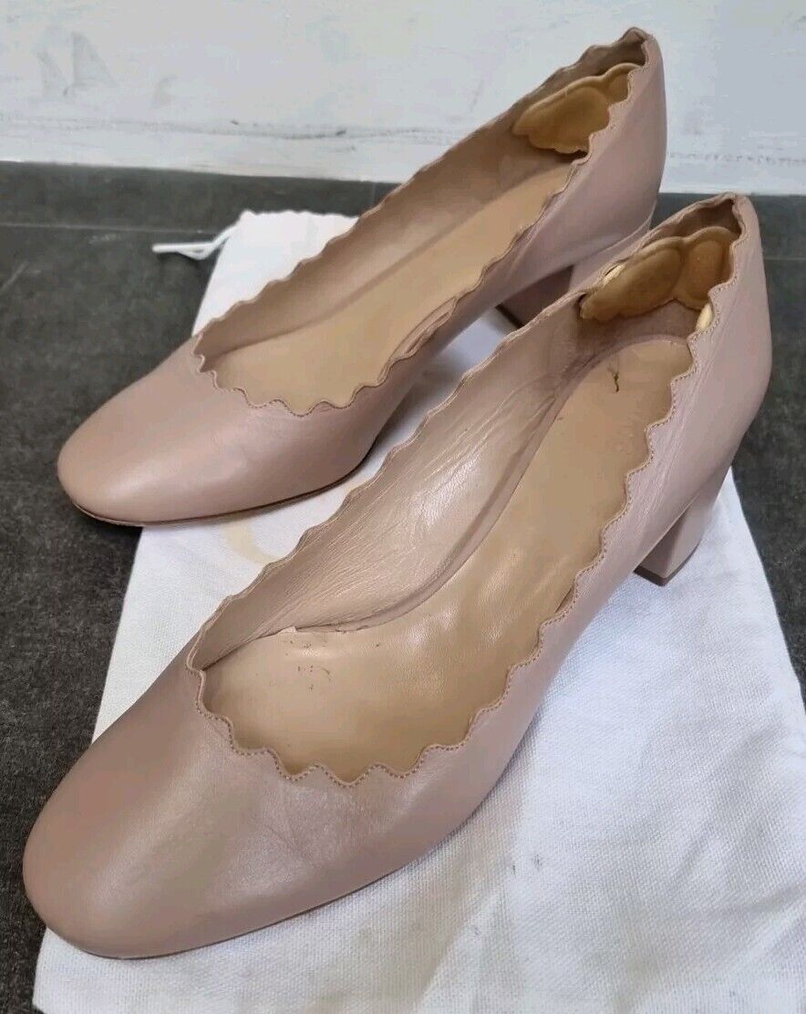 Chloe Women's Scalloped Edge Beige Shoes Size 39.5