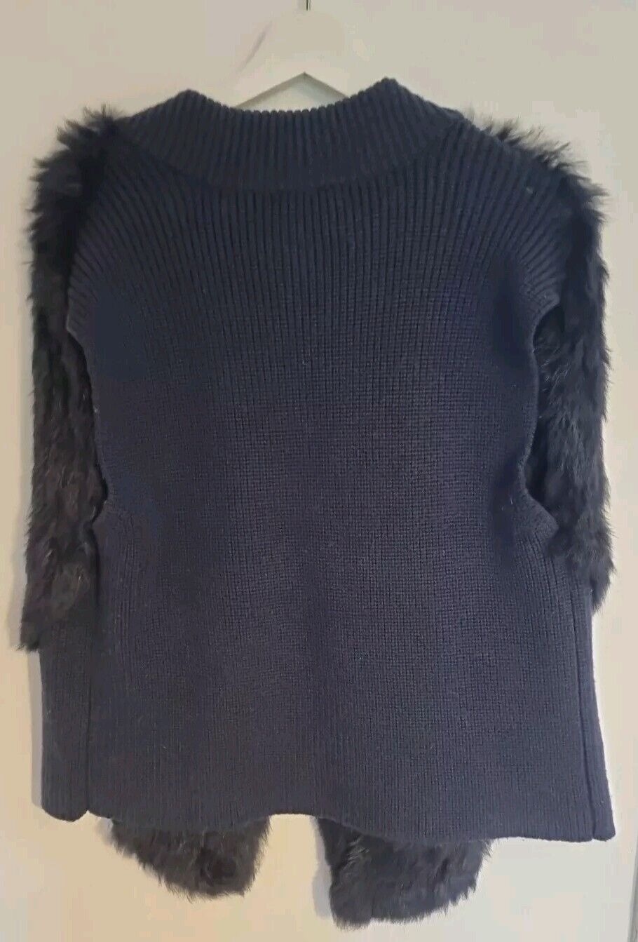 Nicole Farhi Women's Navy Blue Waistcoat Jumper Gilet Rabbit Fur  Front Size L