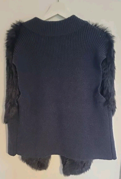 Nicole Farhi Women's Navy Blue Waistcoat Jumper Gilet Rabbit Fur  Front Size L