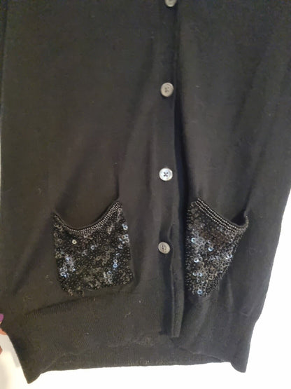 J Crew Women's Black 100% Merino Wool Cardigan With Sequin Pockets Size Small