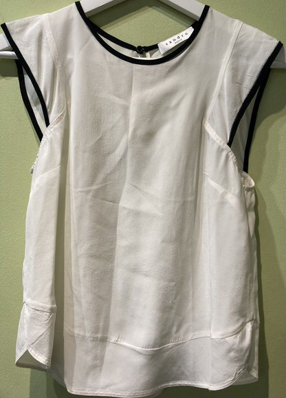 Sandro Paris Women's White 100% Silk Sleeveless Top Size 1 With Black Edging