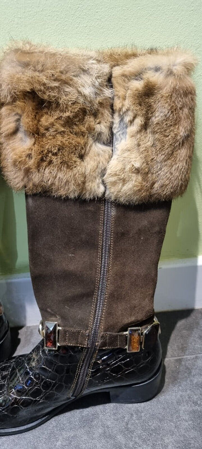 Vero Cuoio Leather Fur Trimmed Women's Black Boots Size 37