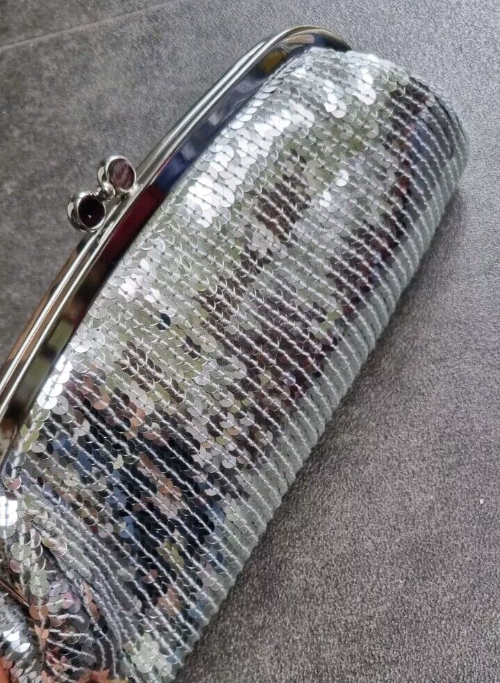 Shoe Studio BNWT Silver Sequinned Clutch Bag With silver Chain