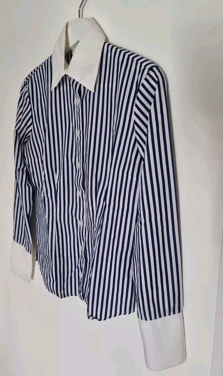 Scapa Women's Blue And White Striped Collared Blouse, Shirt, 100% Cotton Size 36