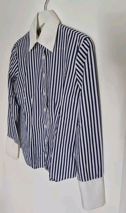 Scapa Women's Blue And White Striped Collared Blouse, Shirt, 100% Cotton Size 36