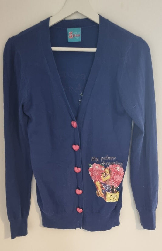 Siren Women's Blue Cardigan With Picture Prints, Beads And Sequins Size 10