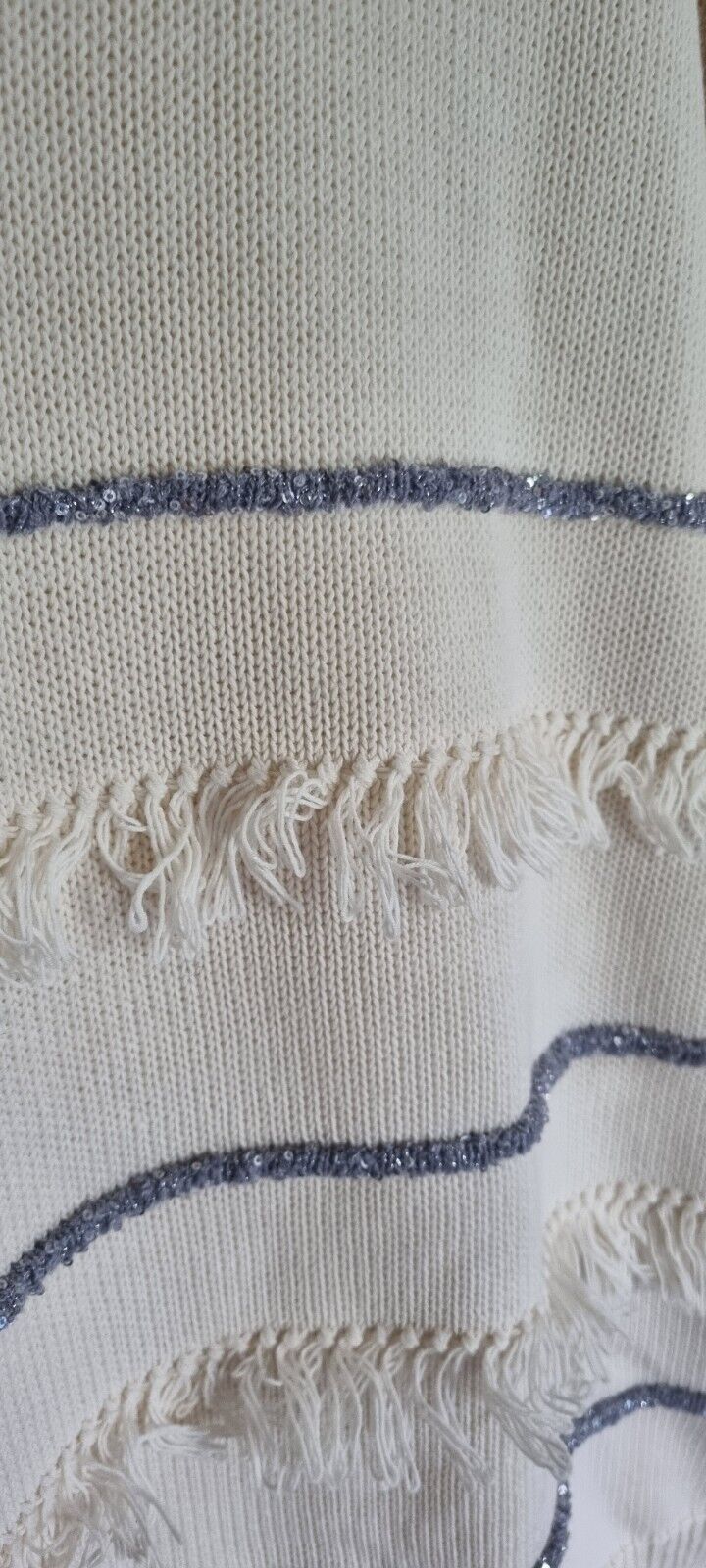 MaxMara Weekend Women's Ivory Pullover Jumper Tassled & Silver Beading Large