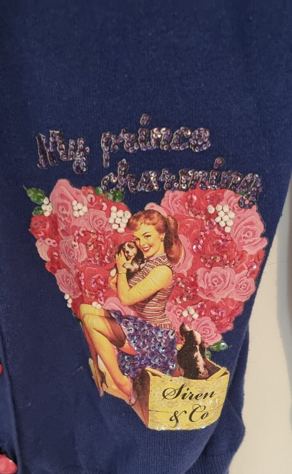 Siren Women's Blue Cardigan With Picture Prints, Beads And Sequins Size 10