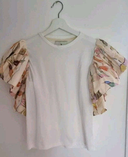 Eugenia Fernandez Women's White Top With  Floral Big Puff Sleeves Size XS