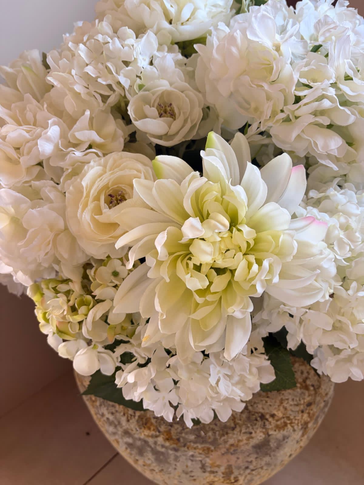 Faux Flower Arrangement in Stone Pot