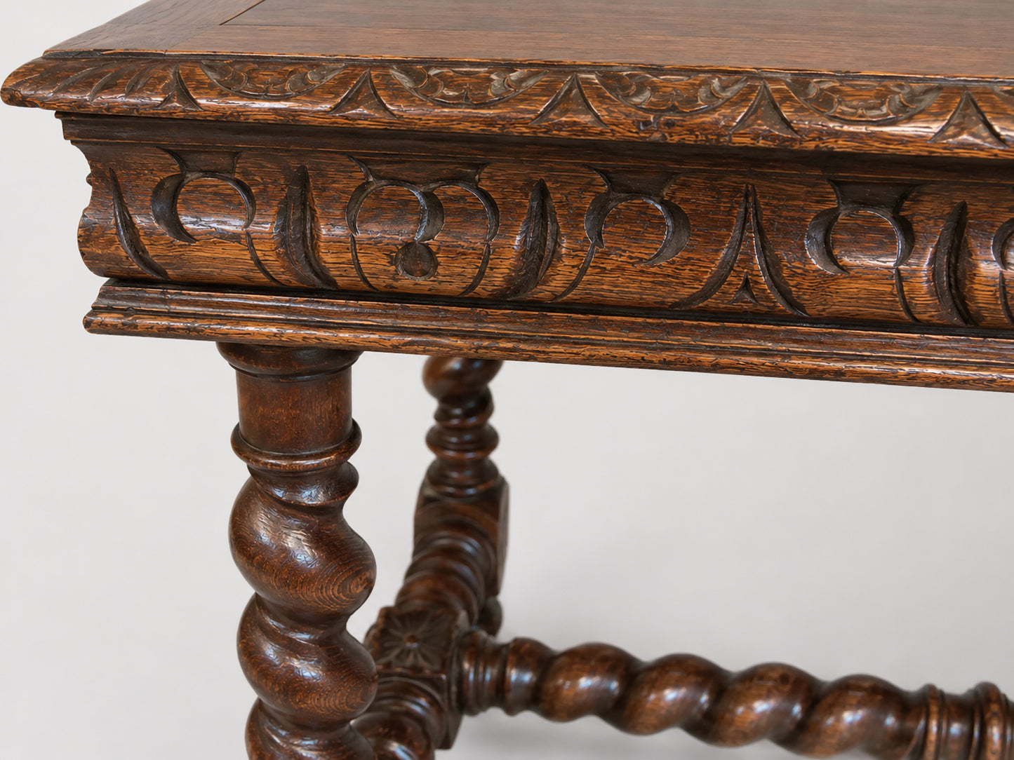 French Carved Oak Barley Twist Writing Table