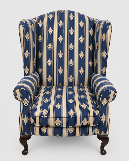 Blue & Gold Traditional Queen Anne Style Wingback Armchair