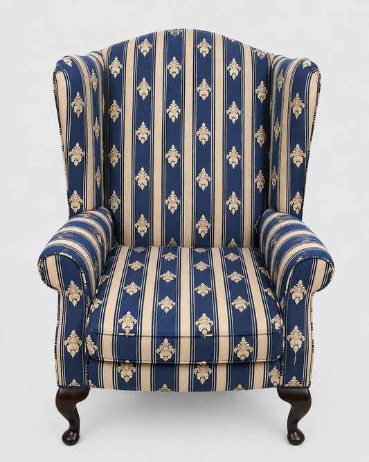 Blue & Gold Traditional Queen Anne Style Wingback Armchair