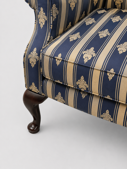 Blue & Gold Traditional Queen Anne Style Wingback Armchair
