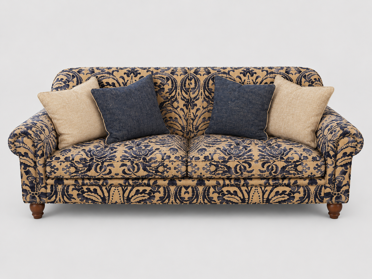 Tetras Tallis Snuggler Damask Vintage Blue & Gold Three Seater Sofa