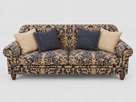 Tetras Tallis Snuggler Damask Vintage Blue & Gold Three Seater Sofa