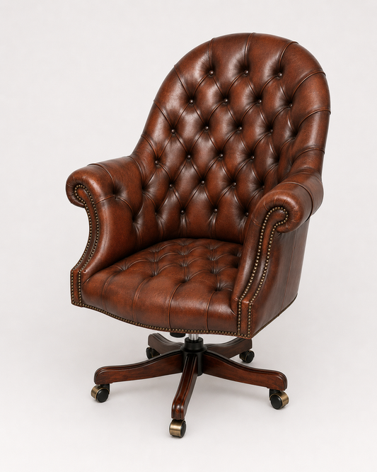 Brown Leather Tufted Swivel Directors Chair with Nailhead Trim