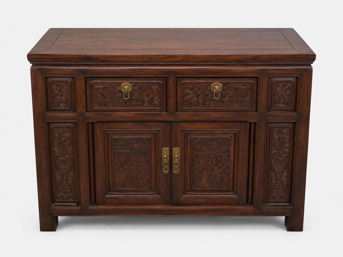Carved Dark Wood Asian Cabinet