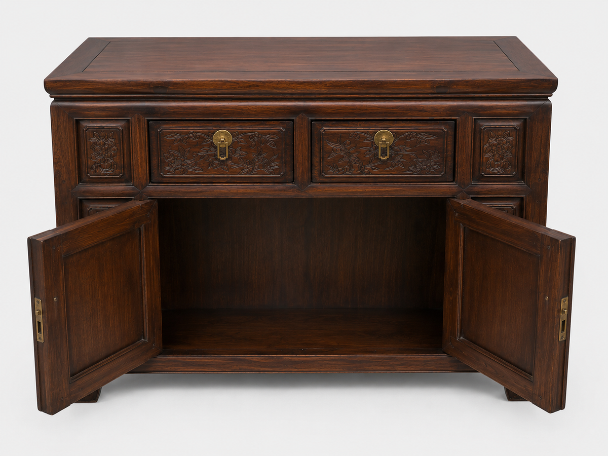 Carved Dark Wood Asian Cabinet