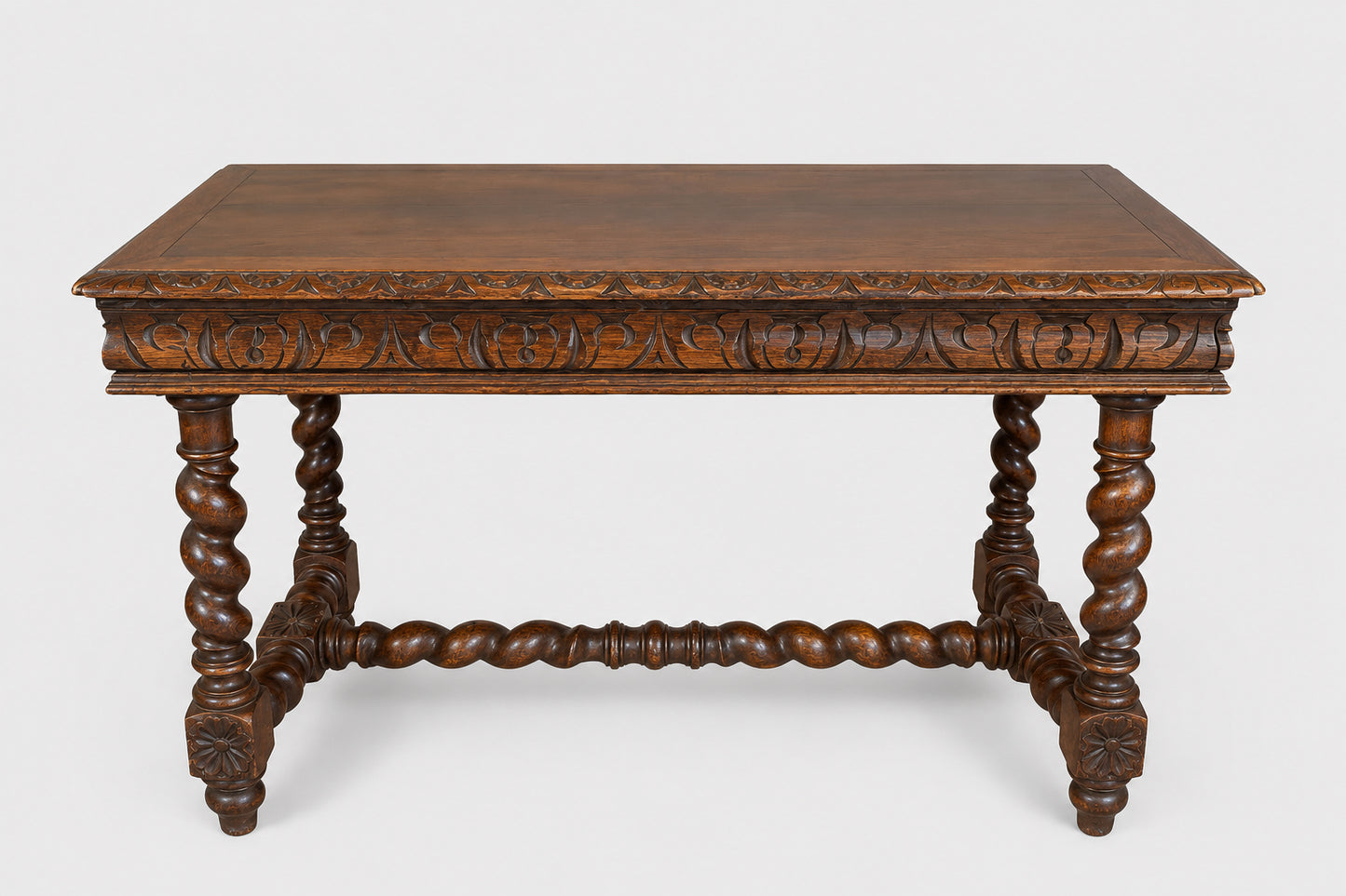 French Carved Oak Barley Twist Writing Table