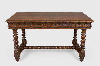 French Carved Oak Barley Twist Writing Table